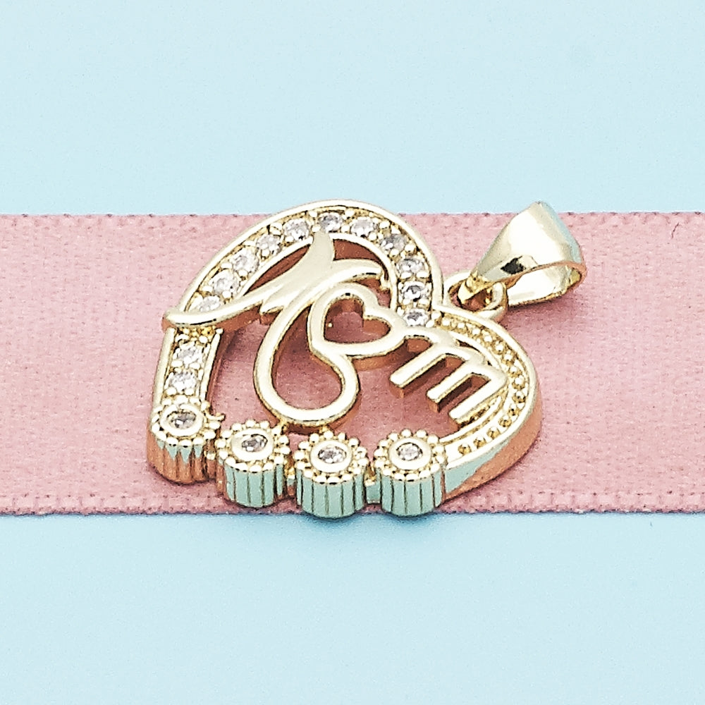 Oro Laminado Fancy Pendant, Gold Filled Style Heart and Mom Design, with White Cubic Zirconia, Polished, Golden Finish