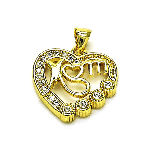 Oro Laminado Fancy Pendant, Gold Filled Style Heart and Mom Design, with White Cubic Zirconia, Polished, Golden Finish