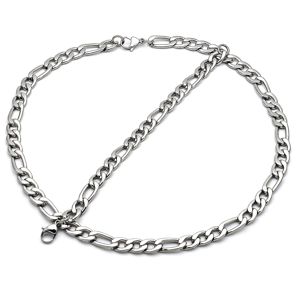 Stainless Steel Necklace and Bracelet, Figaro Design, Polished, Raw