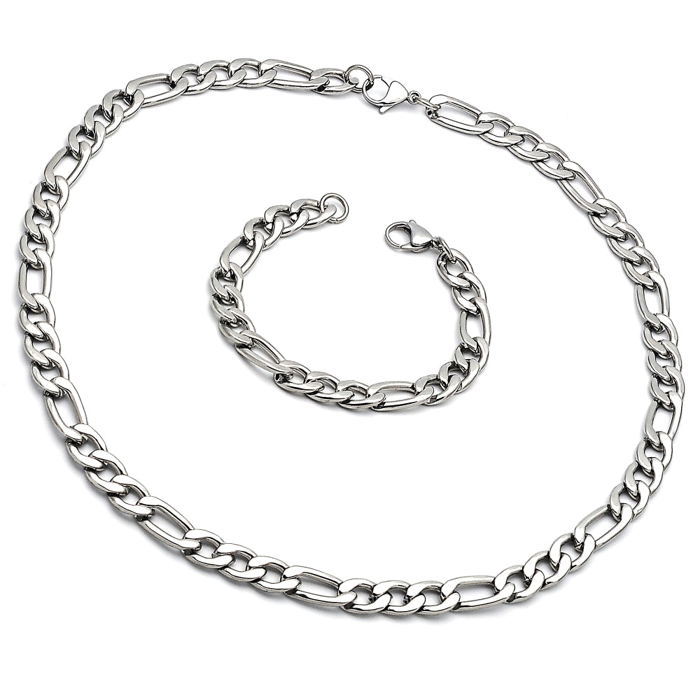 Stainless Steel Necklace and Bracelet, Figaro Design, Polished, Raw