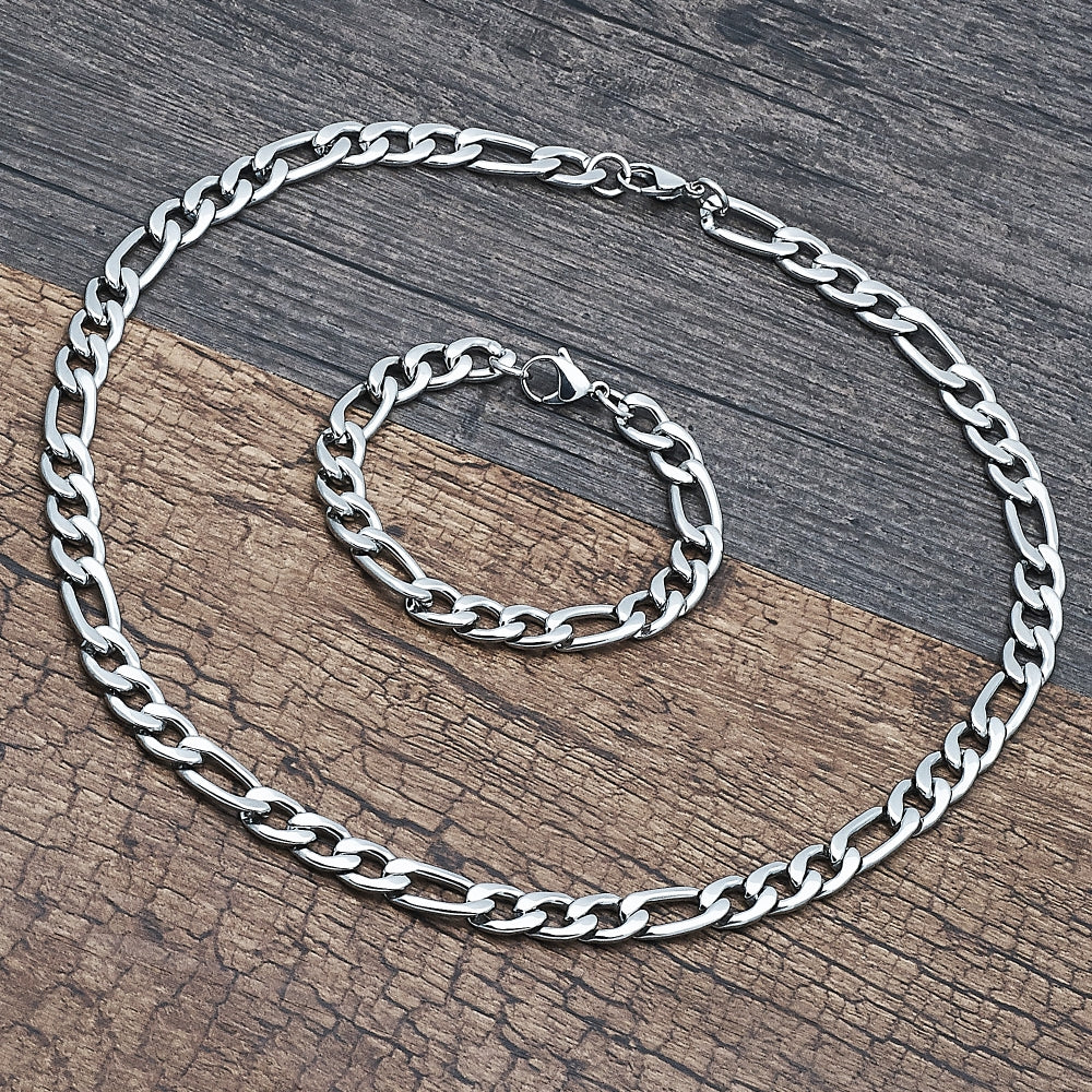 Stainless Steel Necklace and Bracelet, Figaro Design, Polished, Raw