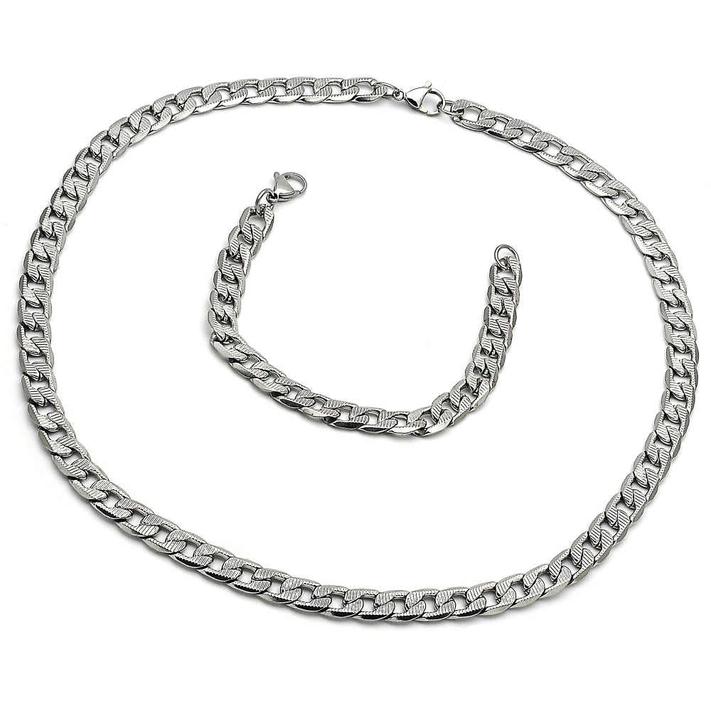 Stainless Steel Necklace and Bracelet, Pave Cuban Design, Diamond Cutting Finish, Raw