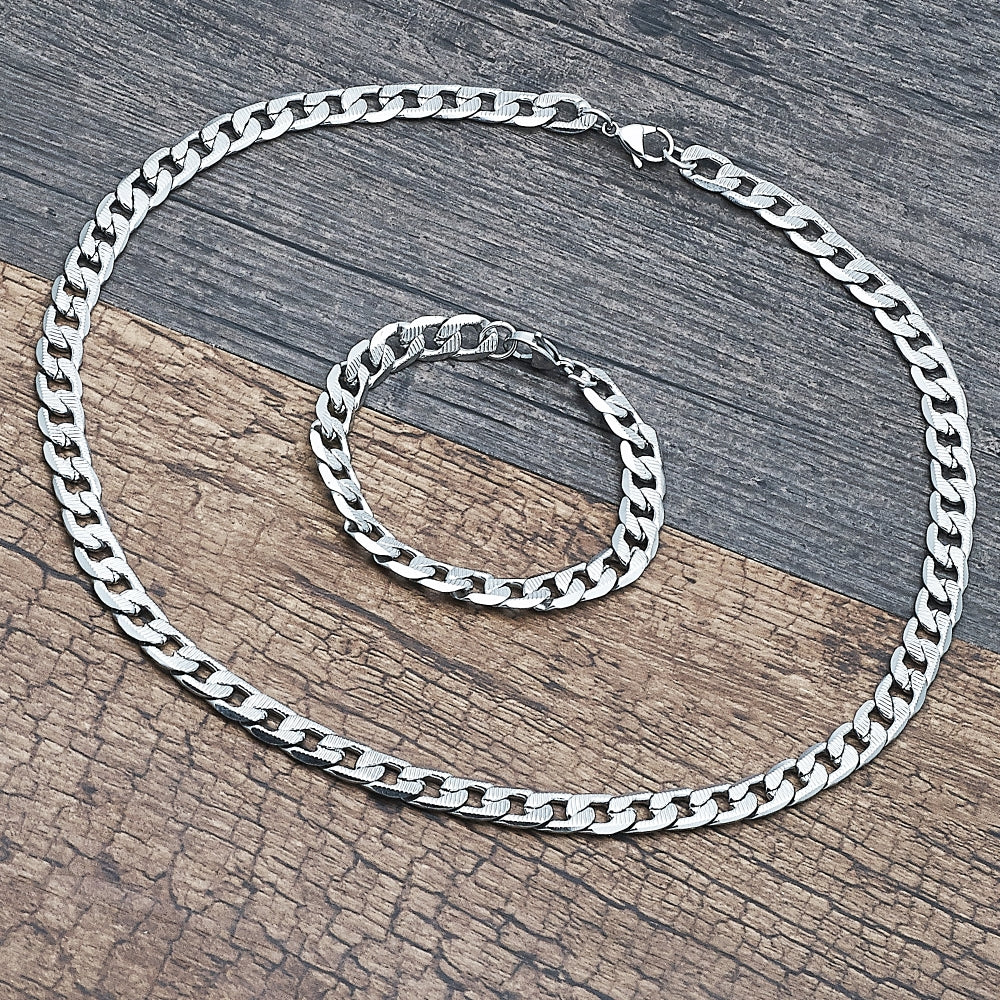Stainless Steel Necklace and Bracelet, Pave Cuban Design, Diamond Cutting Finish, Raw