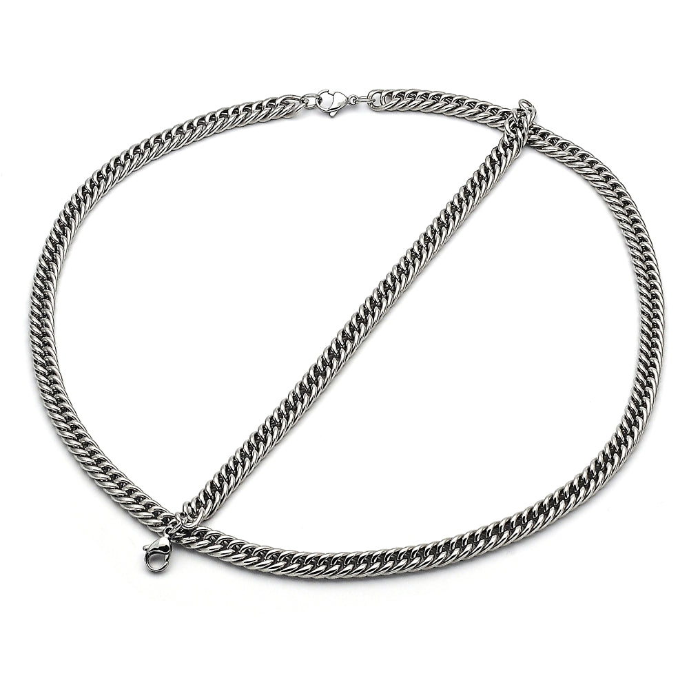 Stainless Steel Necklace and Bracelet, Miami Cuban Design, Polished, Raw