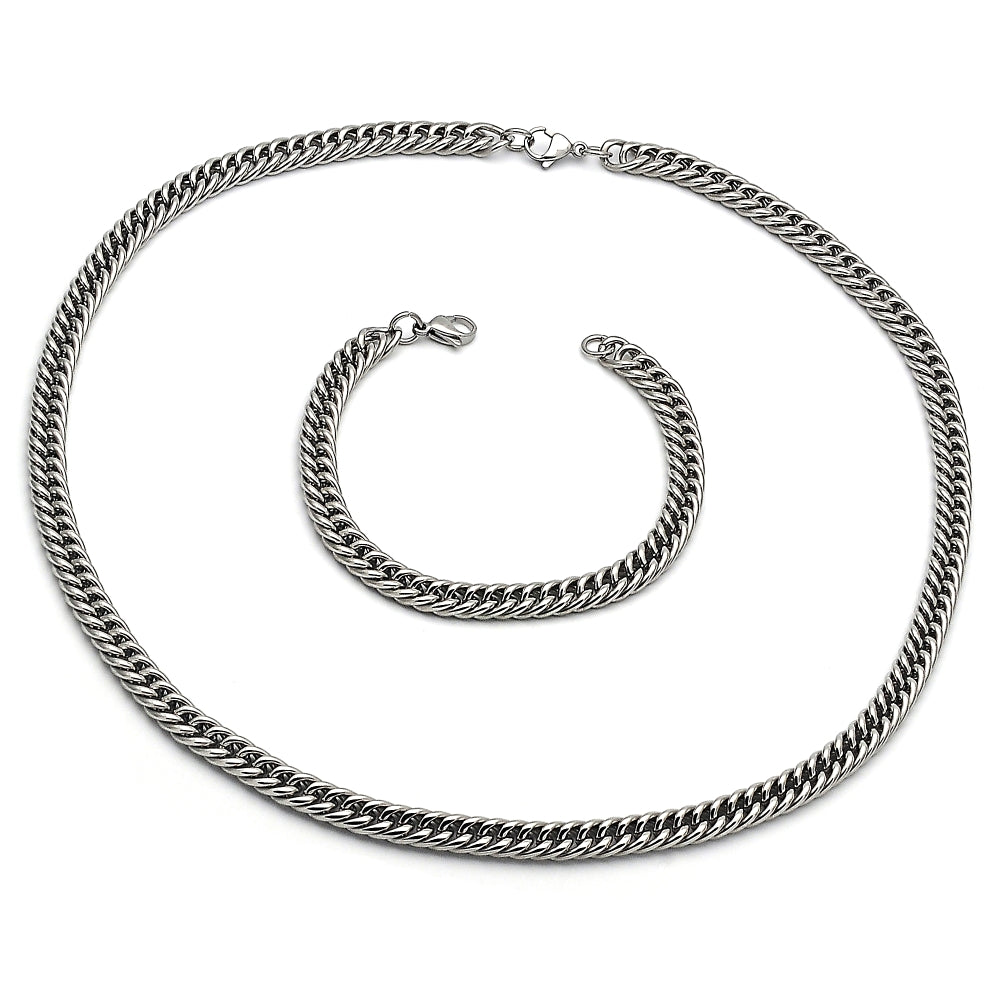 Stainless Steel Necklace and Bracelet, Miami Cuban Design, Polished, Raw