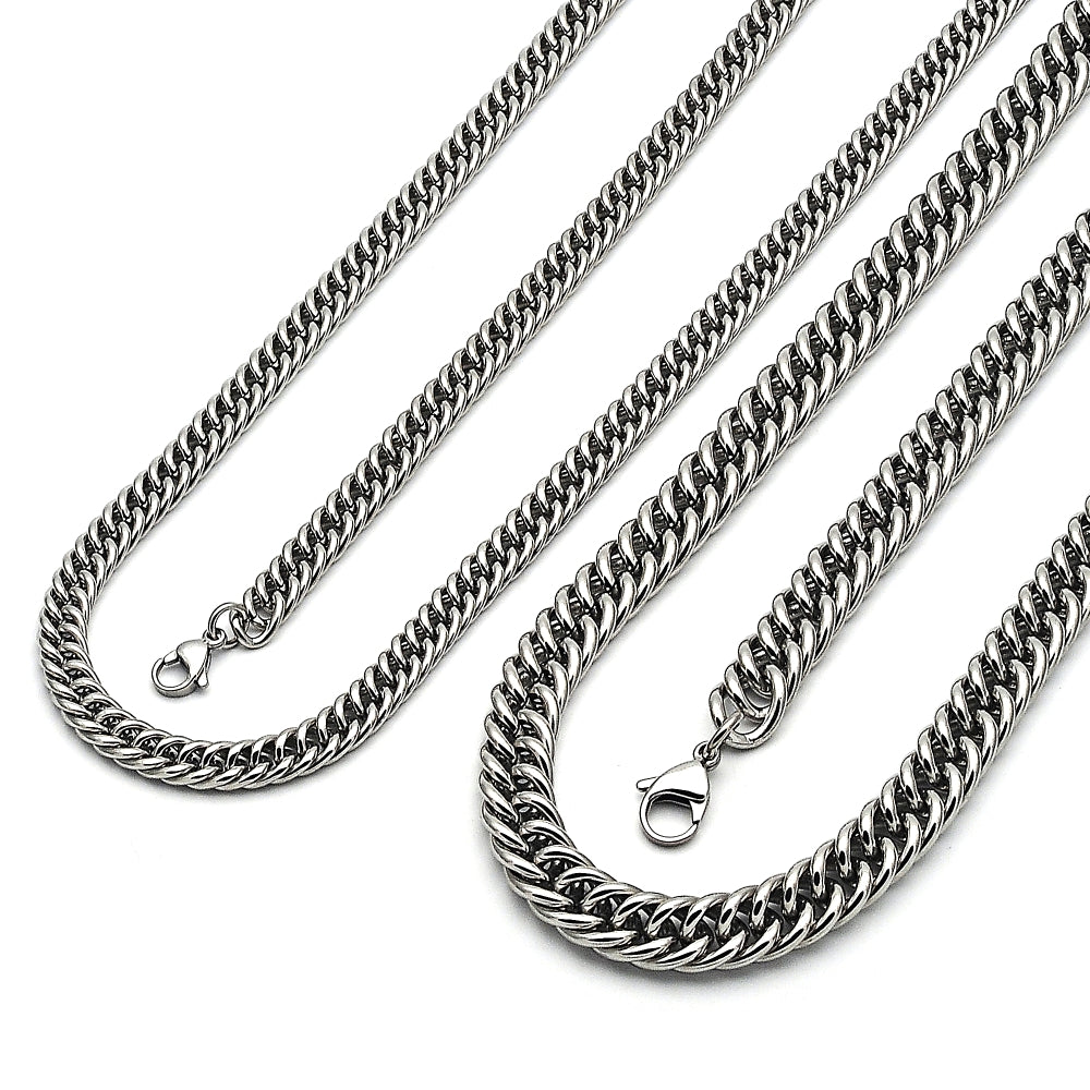 Stainless Steel Necklace and Bracelet, Miami Cuban Design, Polished, Raw