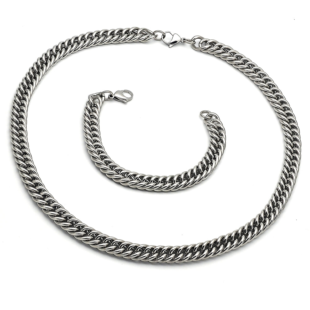 Stainless Steel Necklace and Bracelet, Miami Cuban Design, Polished, Raw