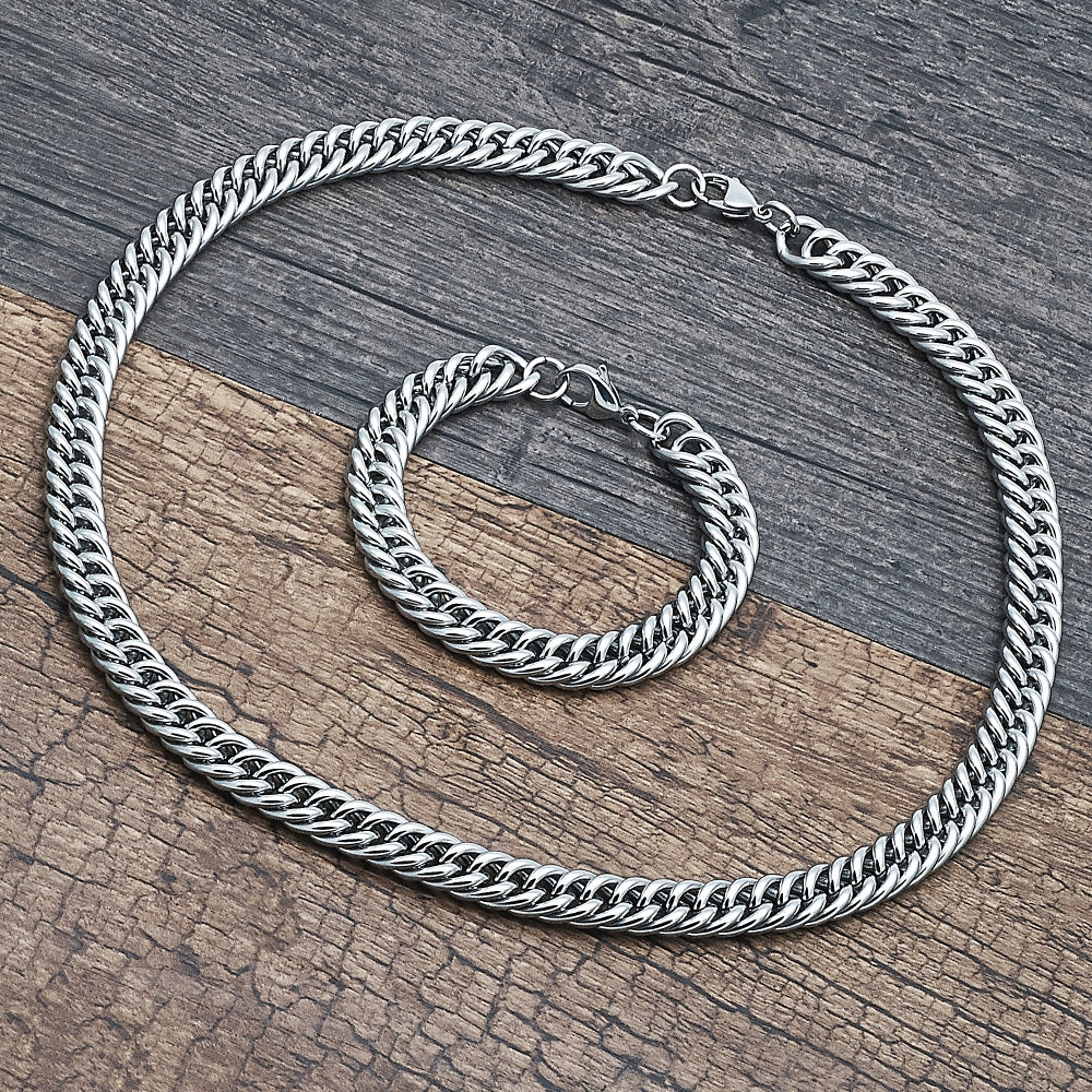 Stainless Steel Necklace and Bracelet, Miami Cuban Design, Polished, Raw