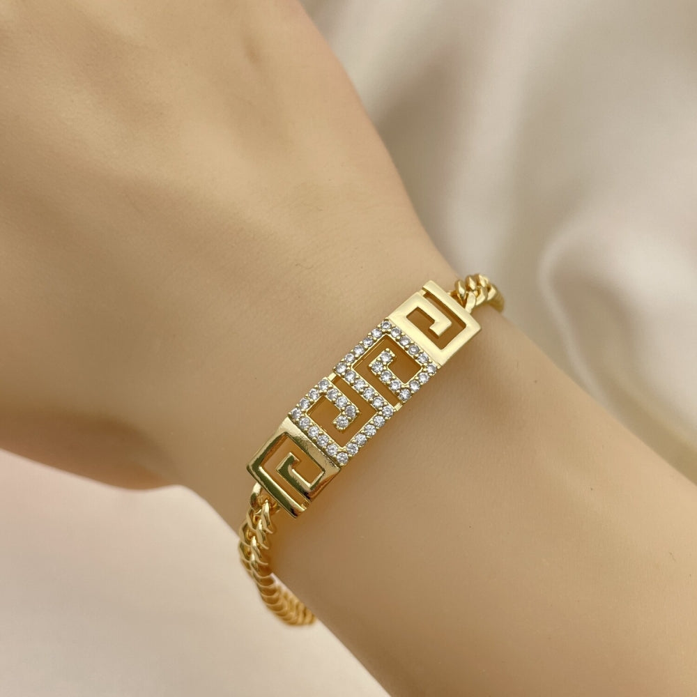 Oro Laminado Fancy Bracelet, Gold Filled Style Greek Key and Miami Cuban Design, with White Micro Pave, Polished, Golden Finish