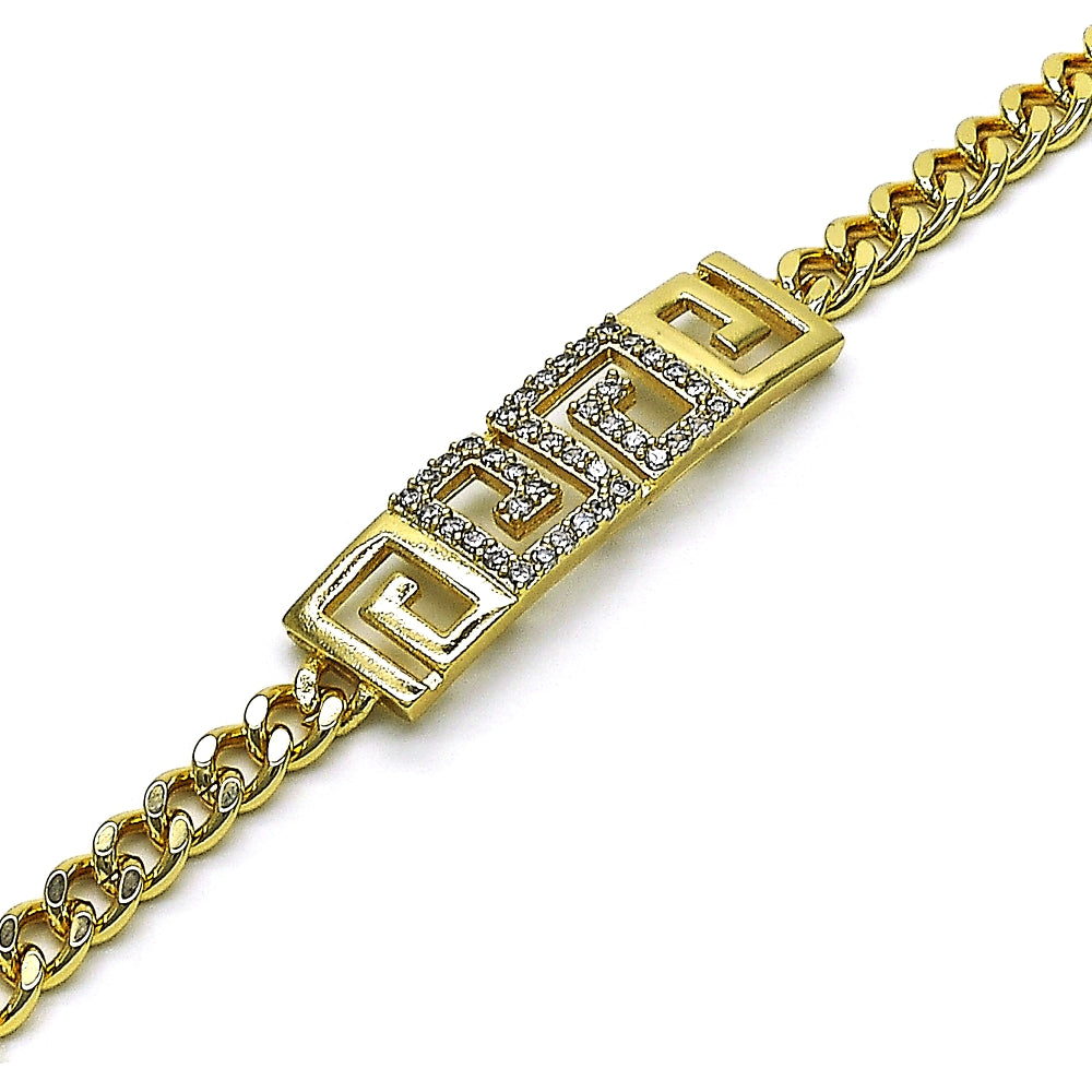 Oro Laminado Fancy Bracelet, Gold Filled Style Greek Key and Miami Cuban Design, with White Micro Pave, Polished, Golden Finish