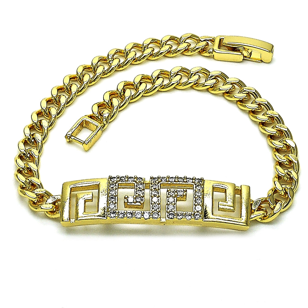 Oro Laminado Fancy Bracelet, Gold Filled Style Greek Key and Miami Cuban Design, with White Micro Pave, Polished, Golden Finish