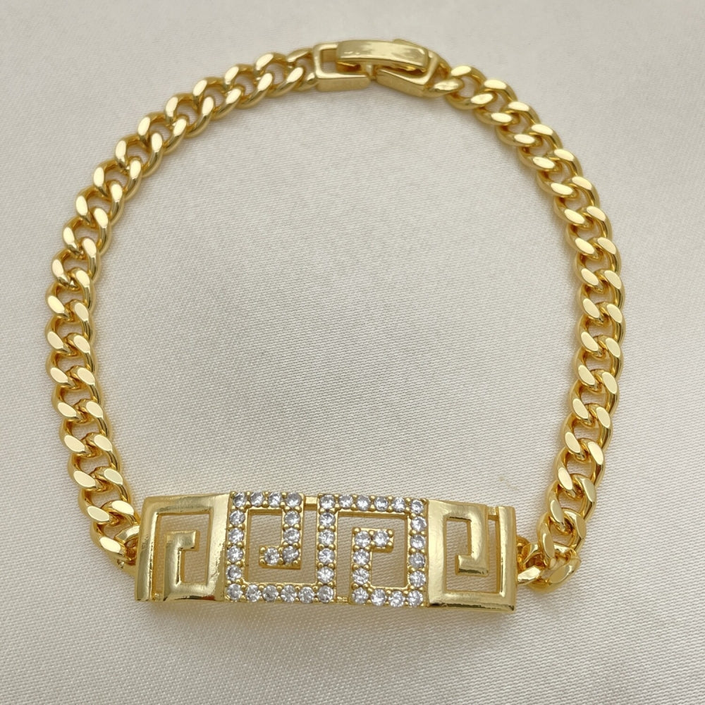 Oro Laminado Fancy Bracelet, Gold Filled Style Greek Key and Miami Cuban Design, with White Micro Pave, Polished, Golden Finish