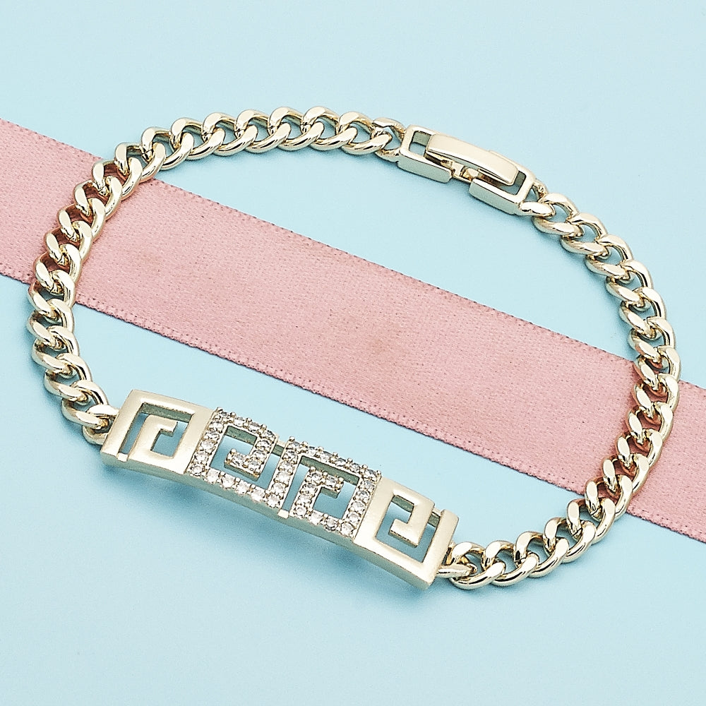 Oro Laminado Fancy Bracelet, Gold Filled Style Greek Key and Miami Cuban Design, with White Micro Pave, Polished, Golden Finish