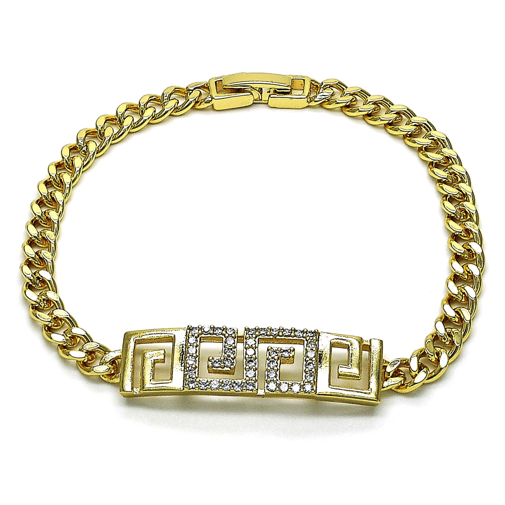Oro Laminado Fancy Bracelet, Gold Filled Style Greek Key and Miami Cuban Design, with White Micro Pave, Polished, Golden Finish