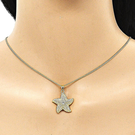 Oro Laminado Earring and Pendant Adult Set, Gold Filled Style Star Design, with White Micro Pave and White Cubic Zirconia, Polished, Golden Finish