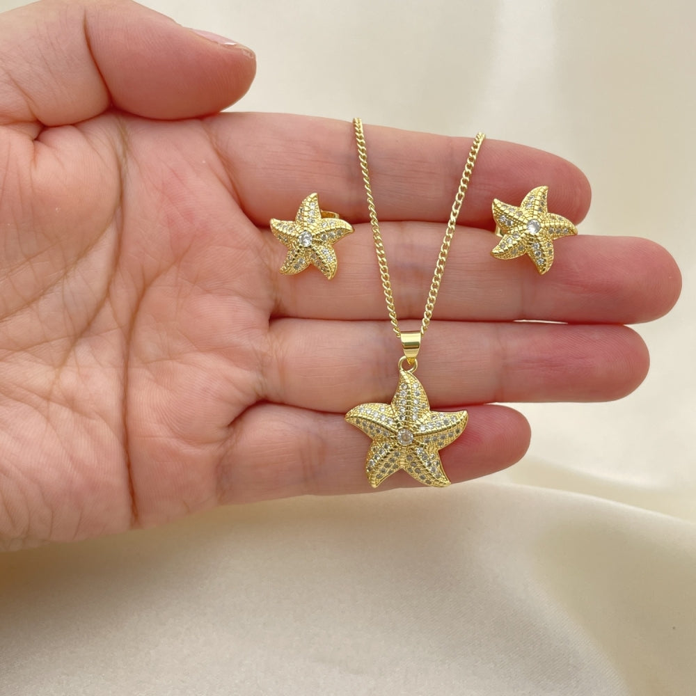 Oro Laminado Earring and Pendant Adult Set, Gold Filled Style Star Design, with White Micro Pave and White Cubic Zirconia, Polished, Golden Finish