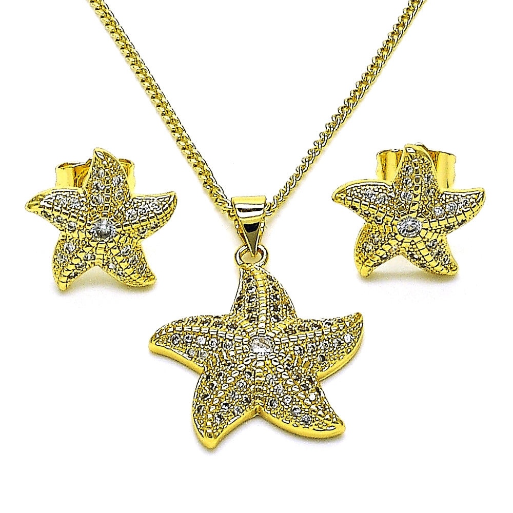 Oro Laminado Earring and Pendant Adult Set, Gold Filled Style Star Design, with White Micro Pave and White Cubic Zirconia, Polished, Golden Finish