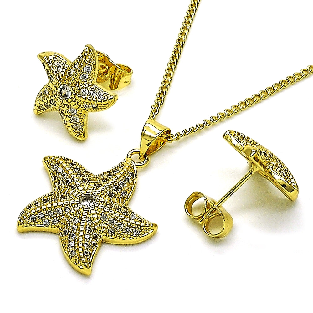 Oro Laminado Earring and Pendant Adult Set, Gold Filled Style Star Design, with White Micro Pave and White Cubic Zirconia, Polished, Golden Finish