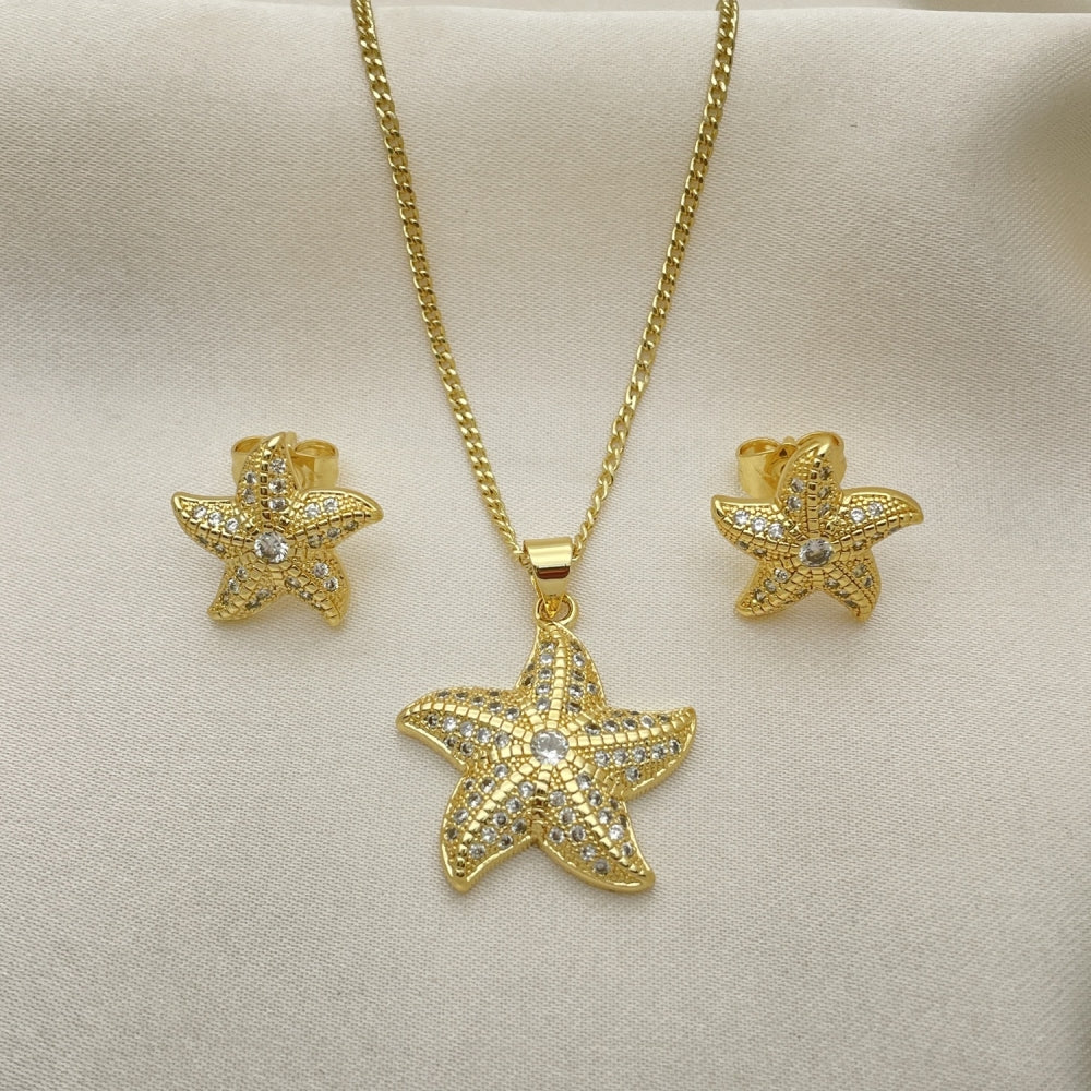 Oro Laminado Earring and Pendant Adult Set, Gold Filled Style Star Design, with White Micro Pave and White Cubic Zirconia, Polished, Golden Finish
