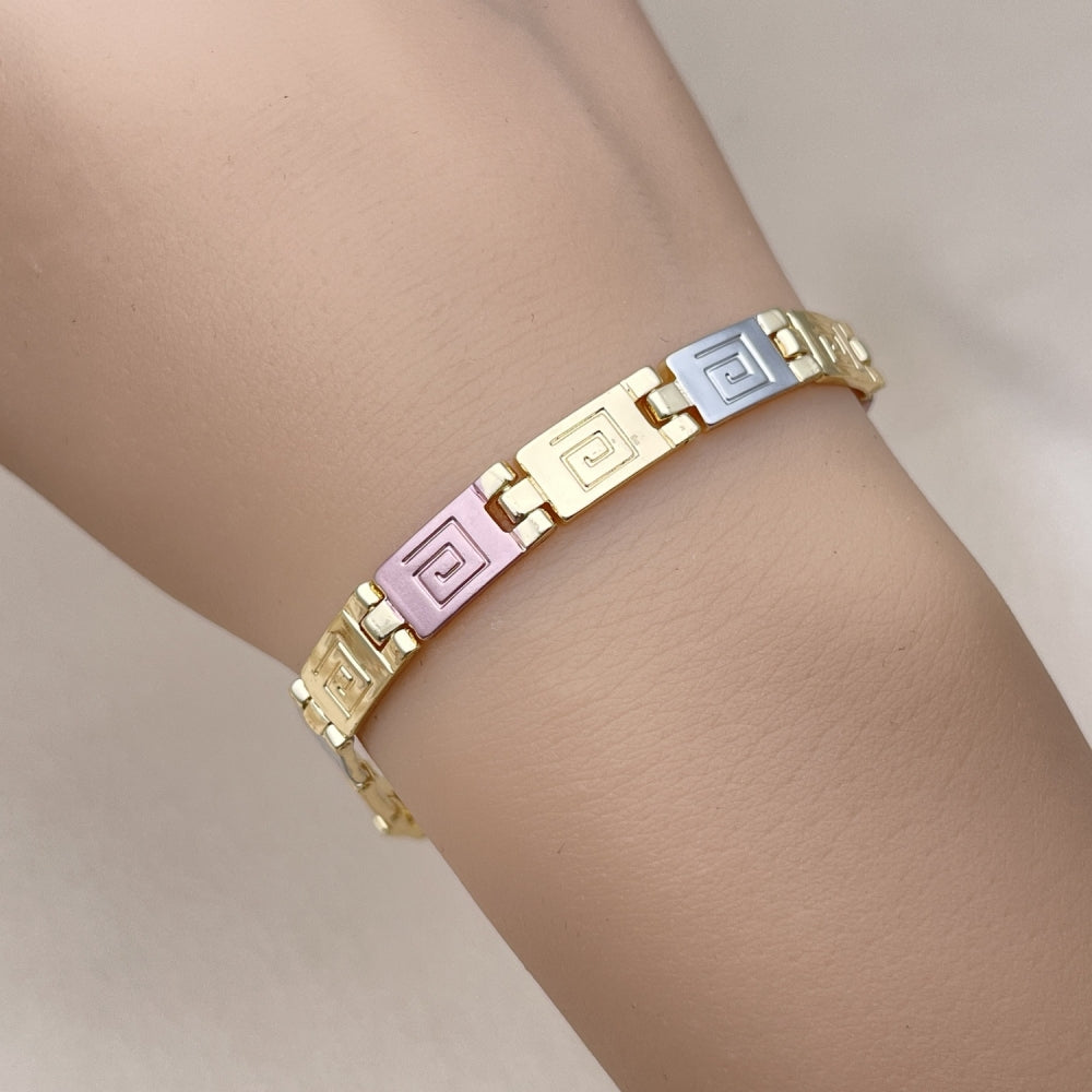 Oro Laminado Solid Bracelet, Gold Filled Style Greek Key Design, Polished, Tricolor