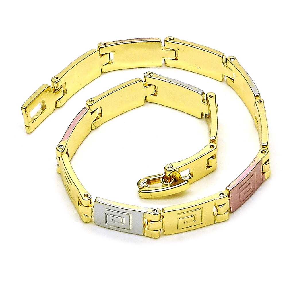 Oro Laminado Solid Bracelet, Gold Filled Style Greek Key Design, Polished, Tricolor