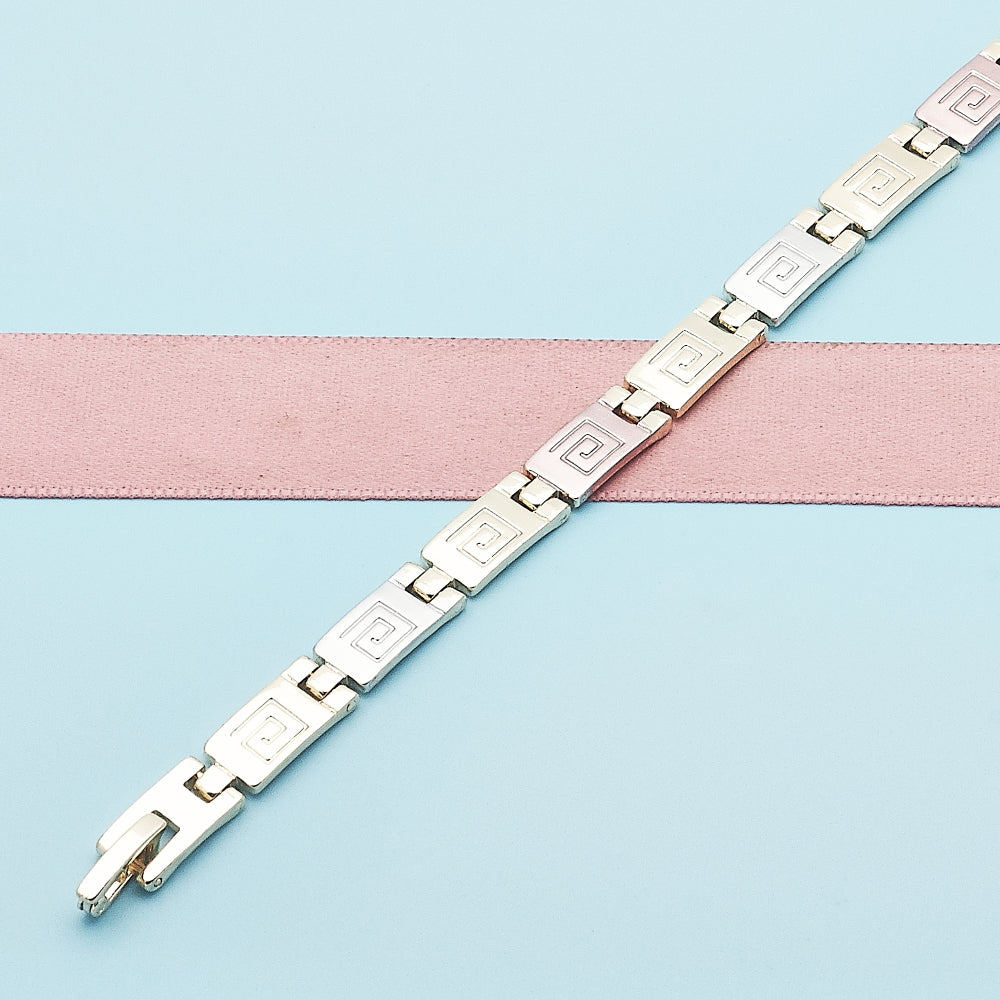 Oro Laminado Solid Bracelet, Gold Filled Style Greek Key Design, Polished, Tricolor