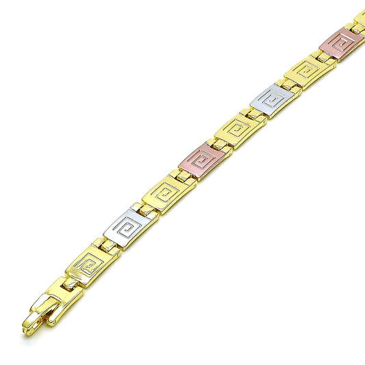 Oro Laminado Solid Bracelet, Gold Filled Style Greek Key Design, Polished, Tricolor