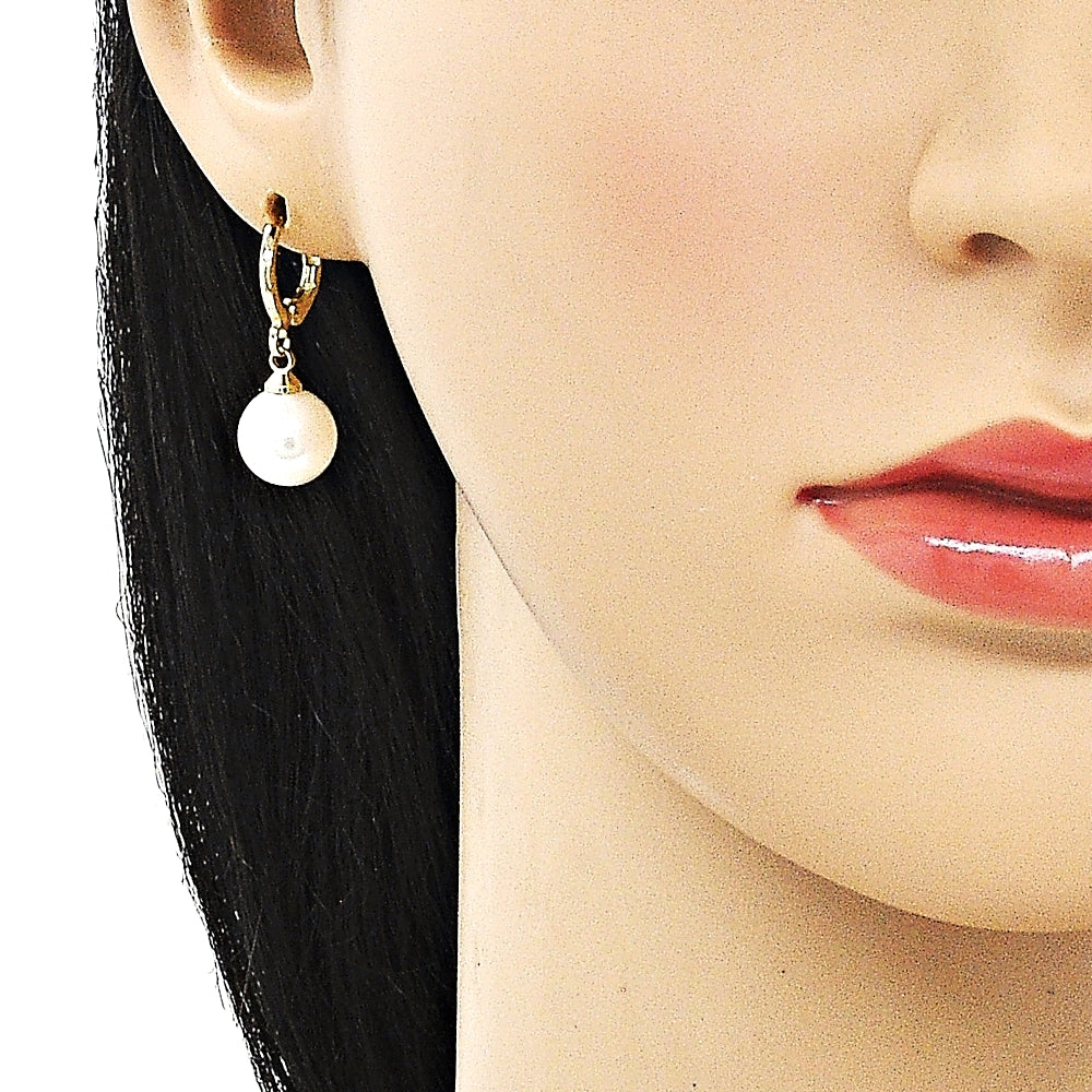 Oro Laminado Dangle Earring, Gold Filled Style Ball Design, with Ivory Mother of Pearl, Polished, Golden Finish