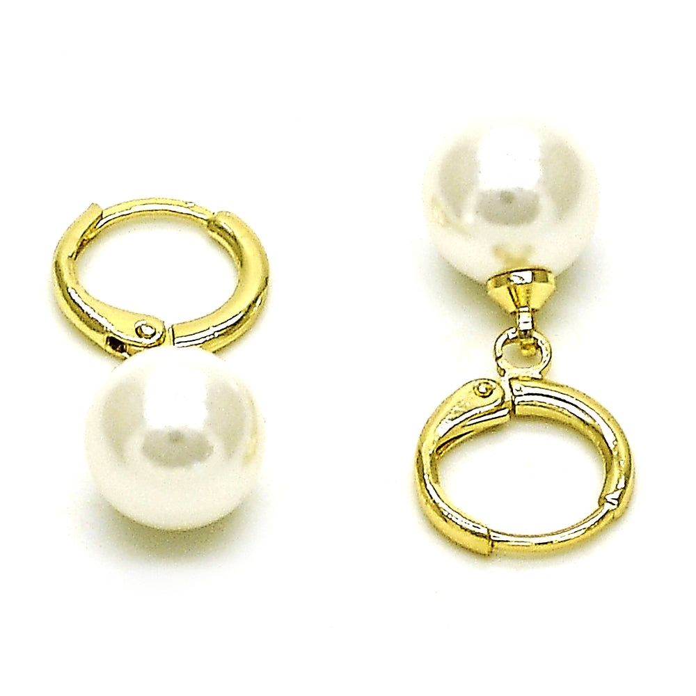 Oro Laminado Dangle Earring, Gold Filled Style Ball Design, with Ivory Mother of Pearl, Polished, Golden Finish