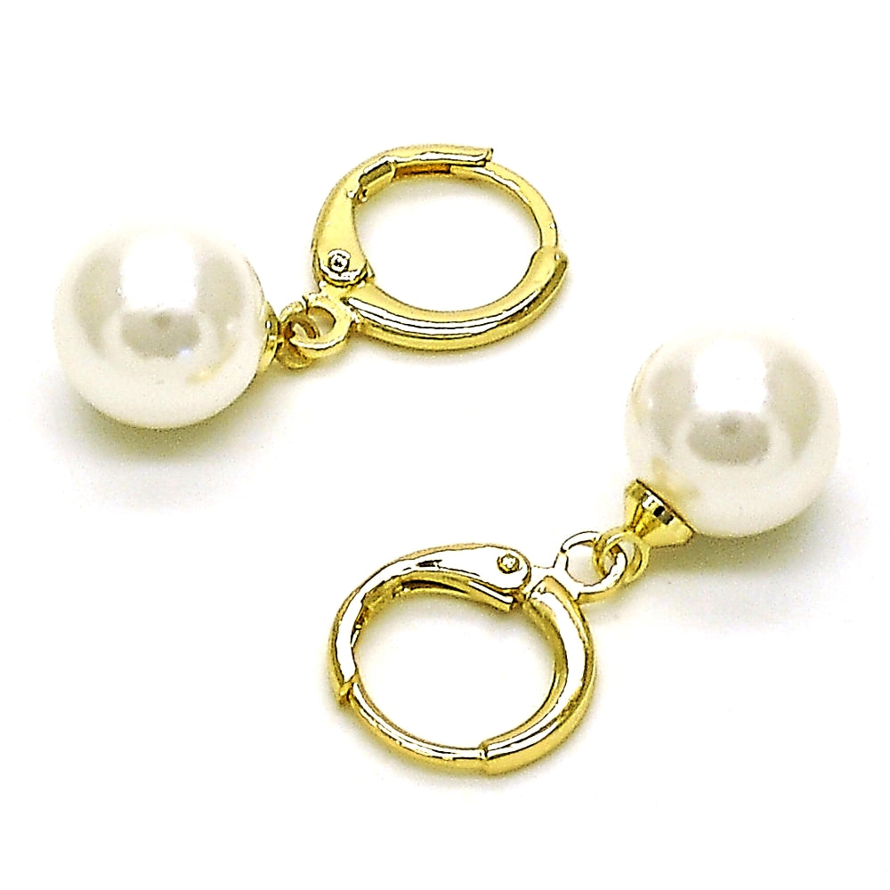 Oro Laminado Dangle Earring, Gold Filled Style Ball Design, with Ivory Mother of Pearl, Polished, Golden Finish
