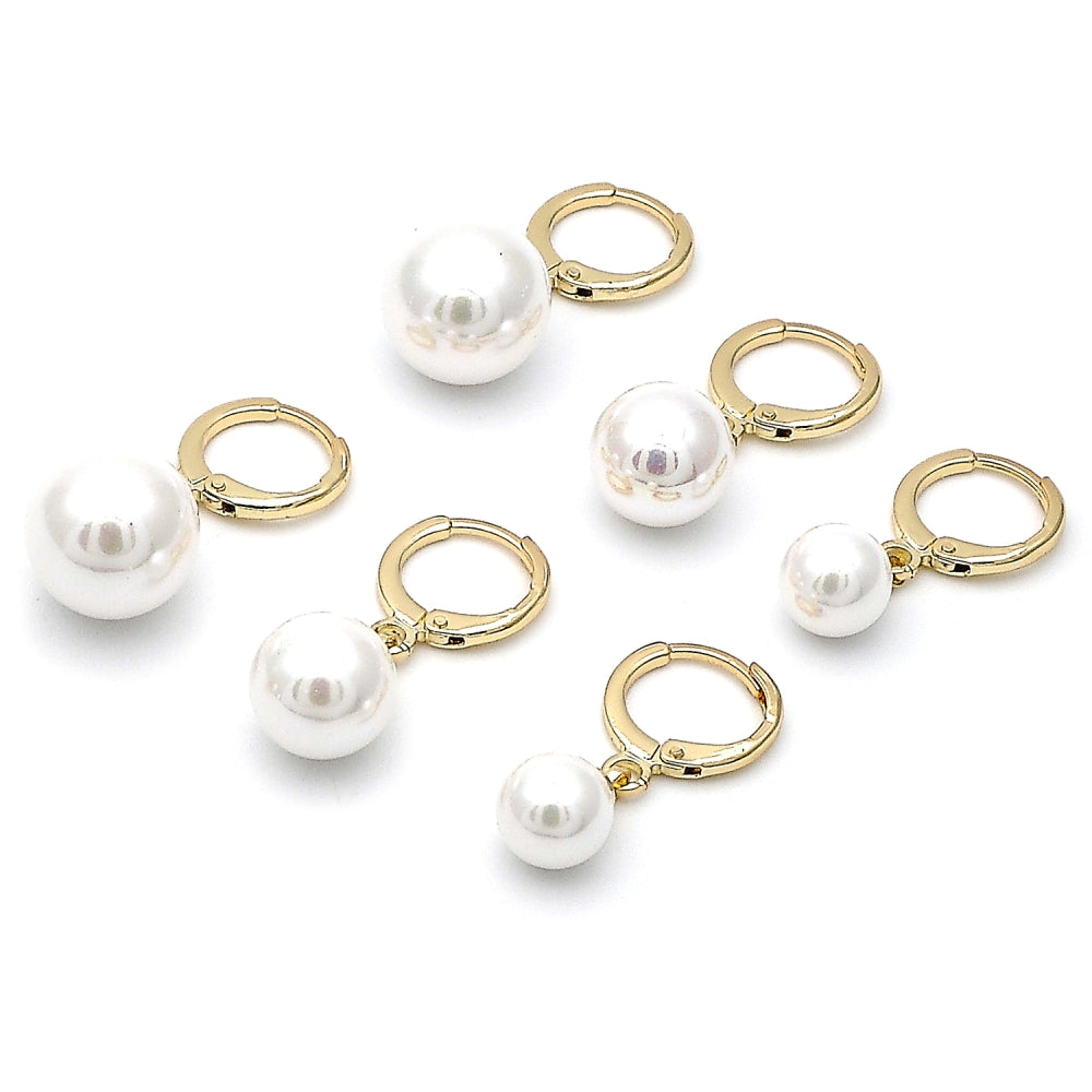 Oro Laminado Dangle Earring, Gold Filled Style Ball Design, with Ivory Mother of Pearl, Polished, Golden Finish