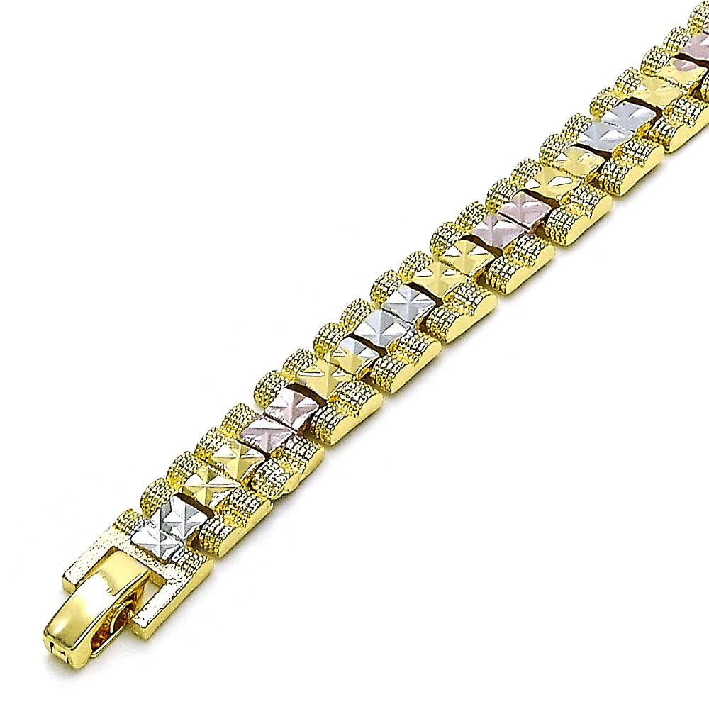 Oro Laminado Solid Bracelet, Gold Filled Style Diamond Cutting Finish, Tricolor