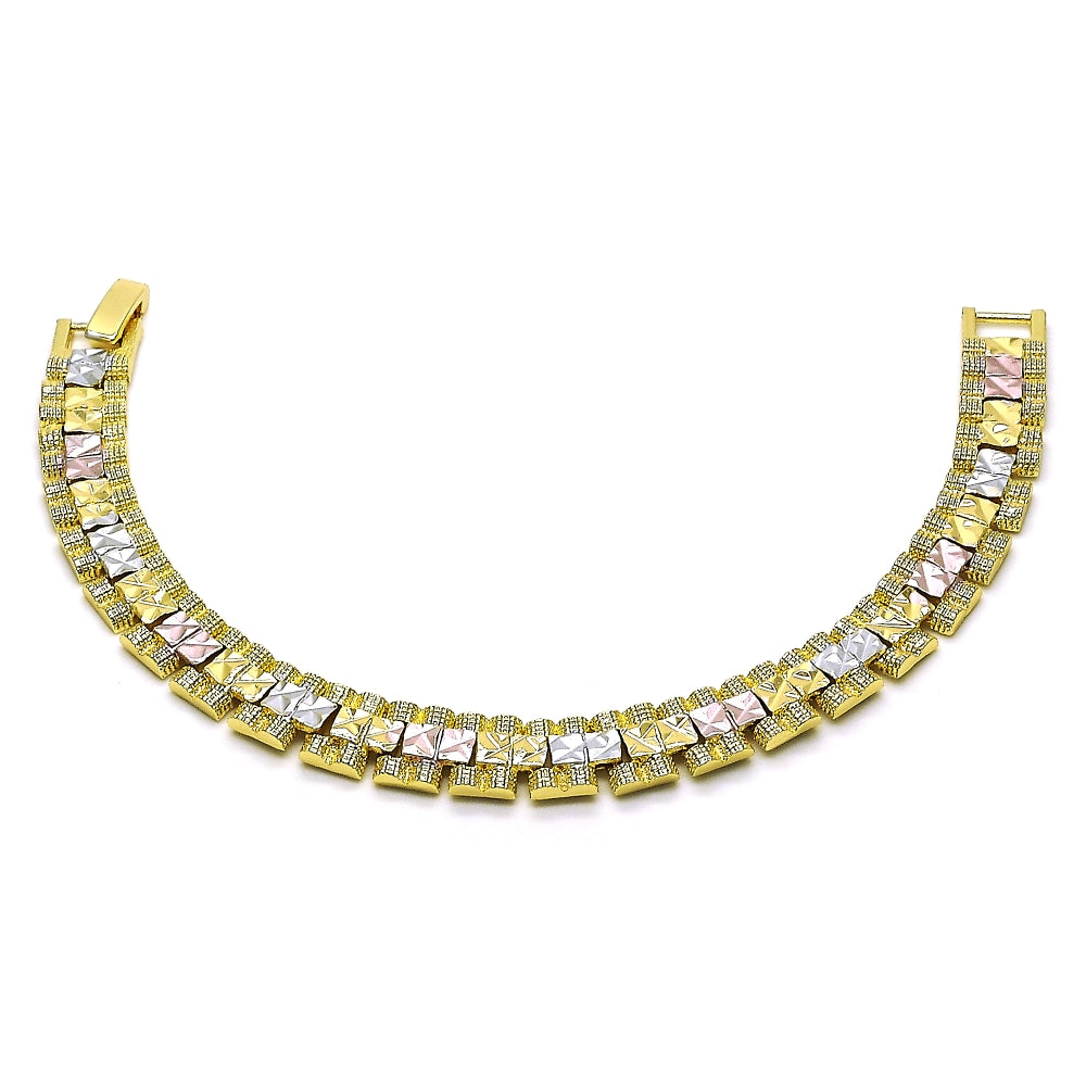 Oro Laminado Solid Bracelet, Gold Filled Style Diamond Cutting Finish, Tricolor