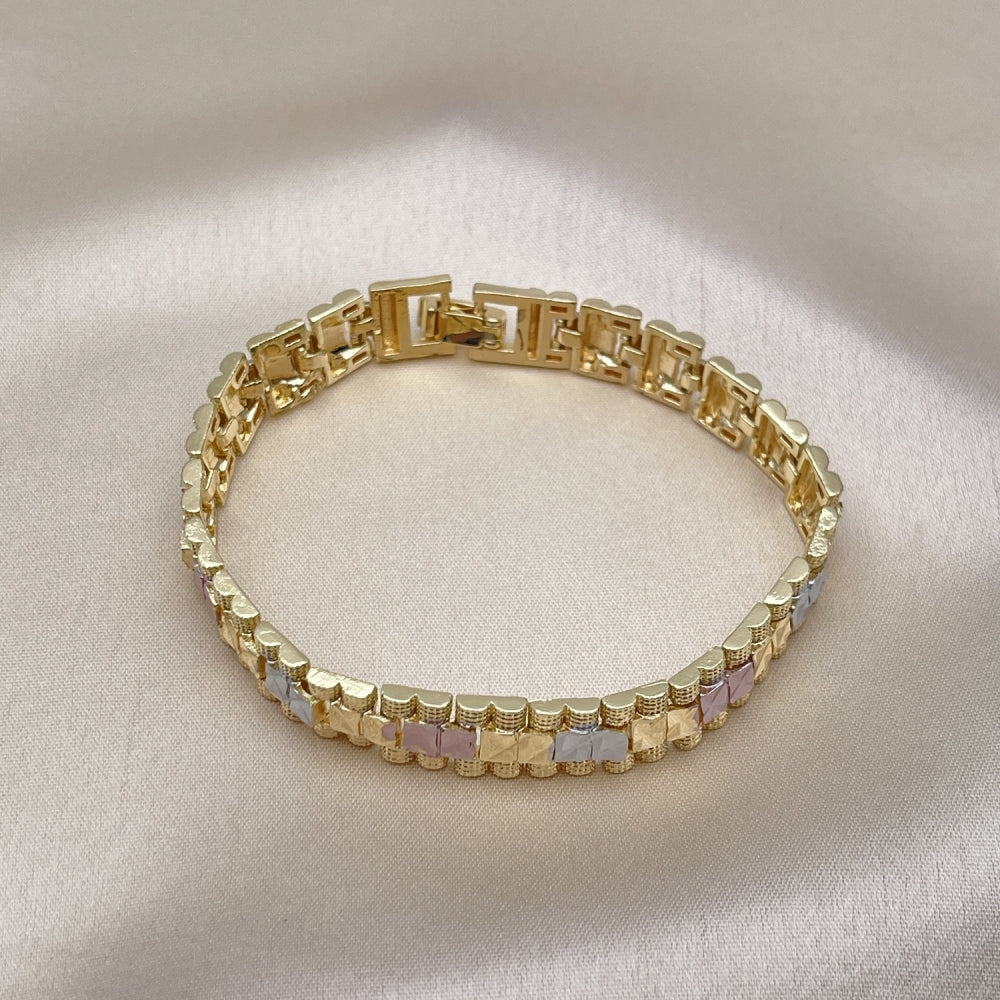 Oro Laminado Solid Bracelet, Gold Filled Style Diamond Cutting Finish, Tricolor