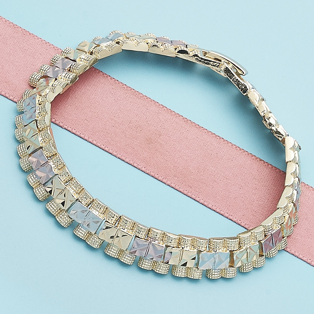 Oro Laminado Solid Bracelet, Gold Filled Style Diamond Cutting Finish, Tricolor