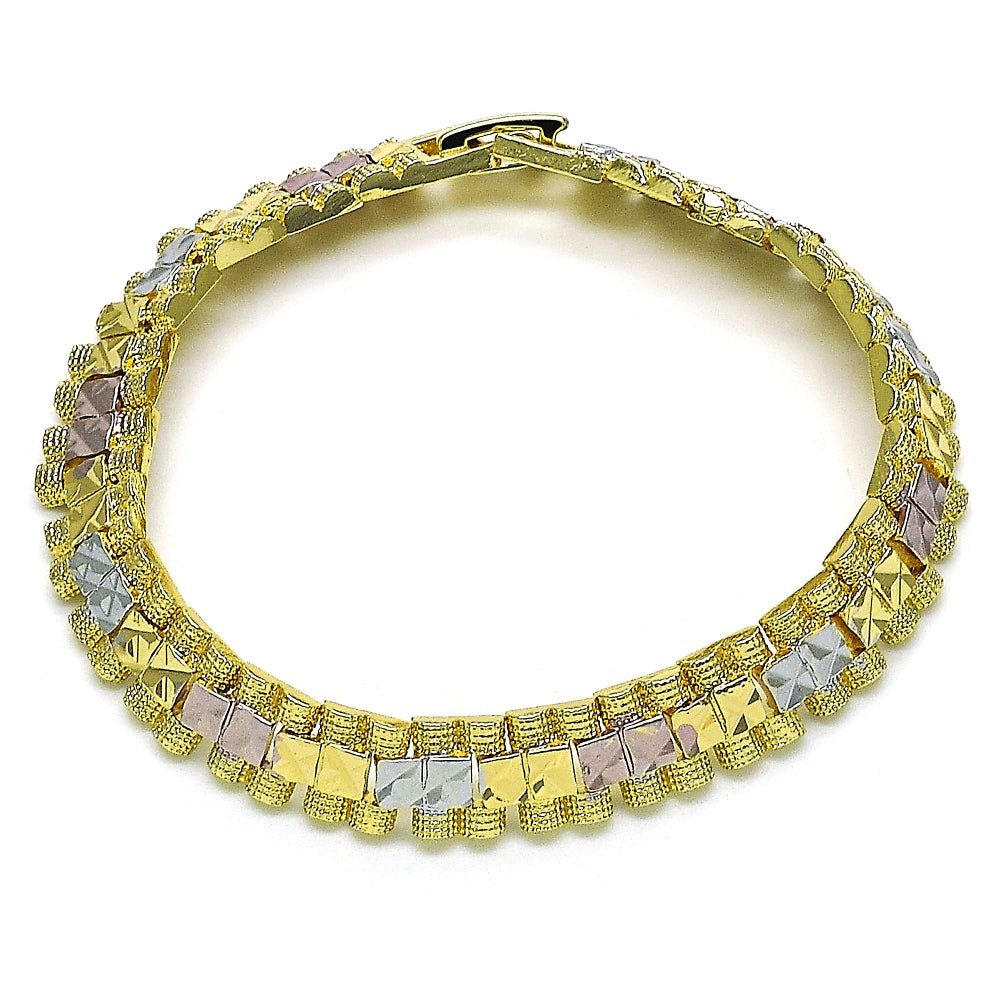 Oro Laminado Solid Bracelet, Gold Filled Style Diamond Cutting Finish, Tricolor