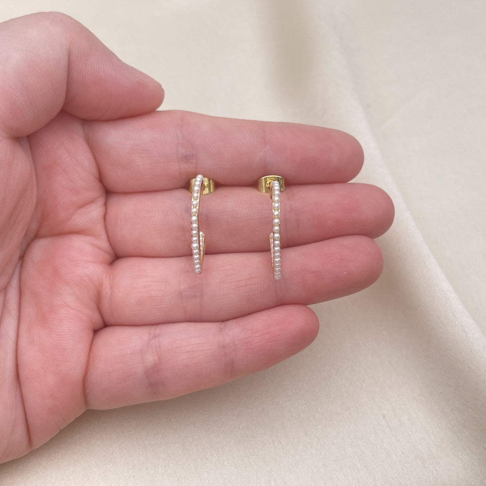Oro Laminado Stud Earring, Gold Filled Style Heart Design, with Ivory Pearl, Polished, Golden Finish