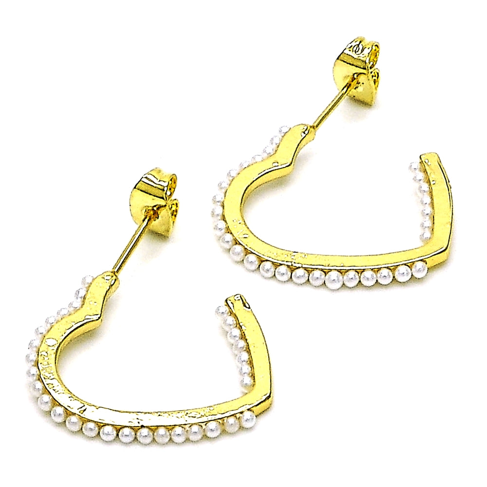 Oro Laminado Stud Earring, Gold Filled Style Heart Design, with Ivory Pearl, Polished, Golden Finish