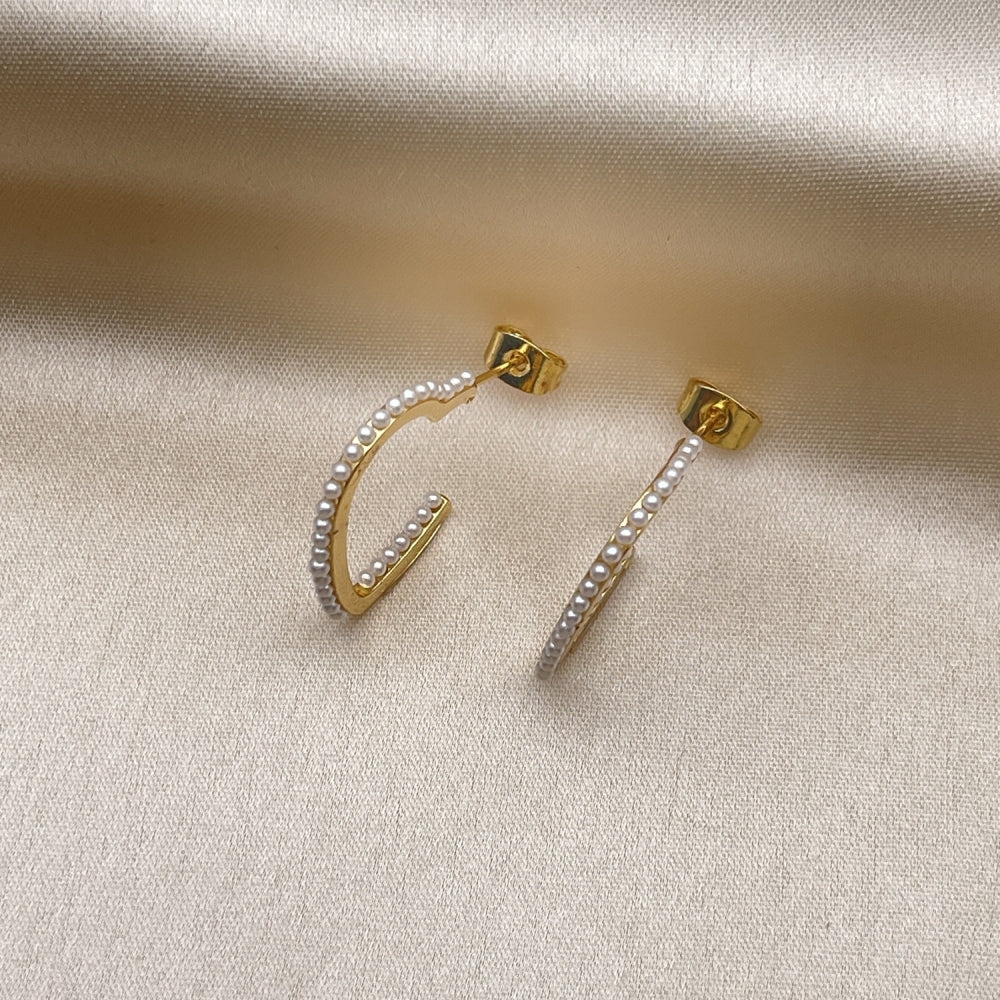 Oro Laminado Stud Earring, Gold Filled Style Heart Design, with Ivory Pearl, Polished, Golden Finish