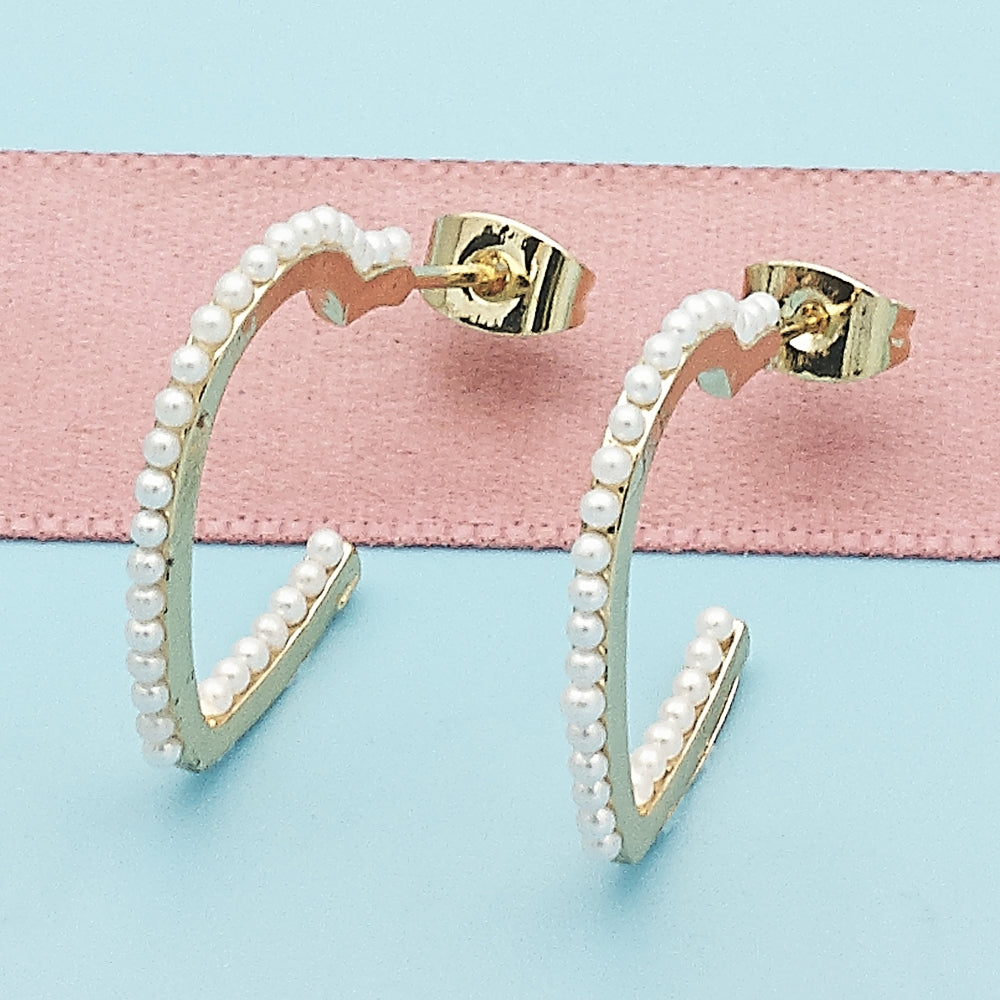 Oro Laminado Stud Earring, Gold Filled Style Heart Design, with Ivory Pearl, Polished, Golden Finish
