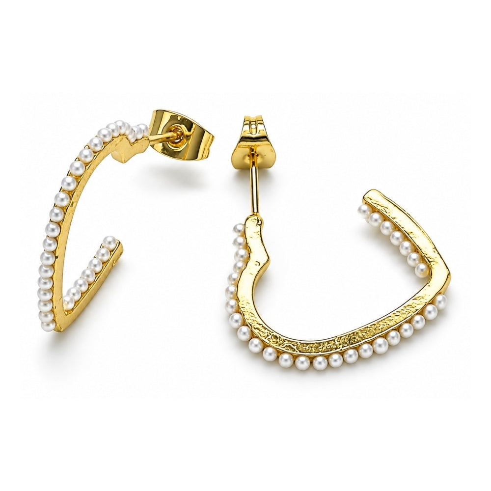 Oro Laminado Stud Earring, Gold Filled Style Heart Design, with Ivory Pearl, Polished, Golden Finish