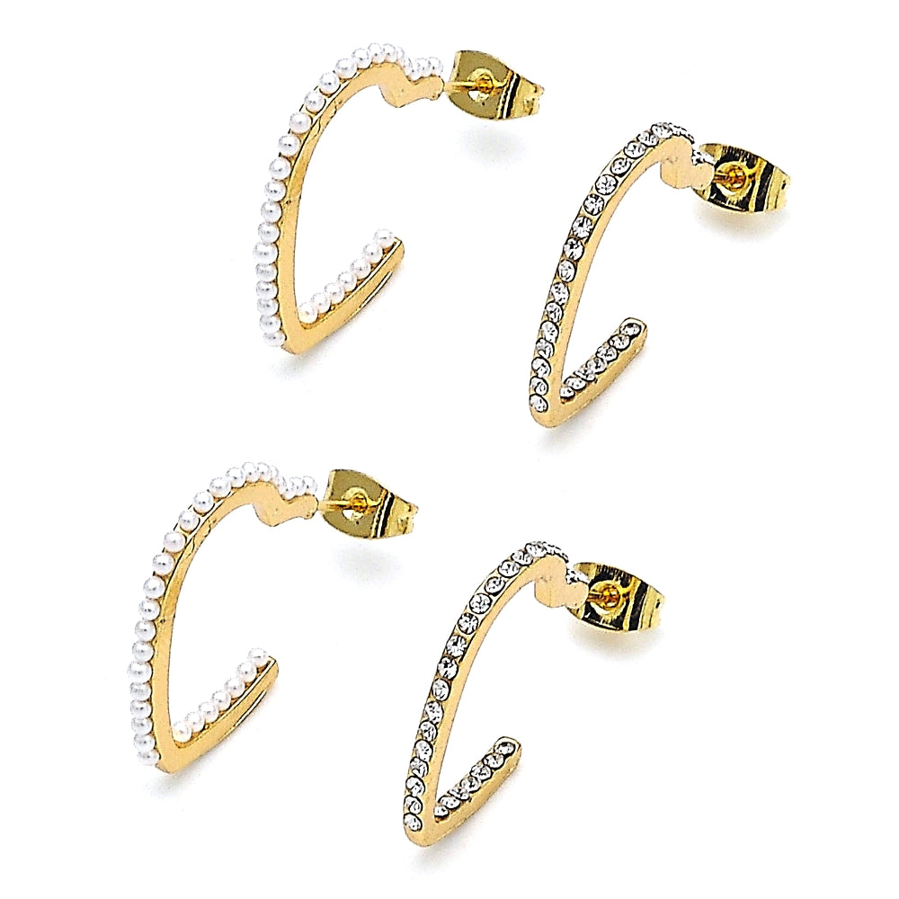 Oro Laminado Stud Earring, Gold Filled Style Heart Design, with Ivory Pearl, Polished, Golden Finish