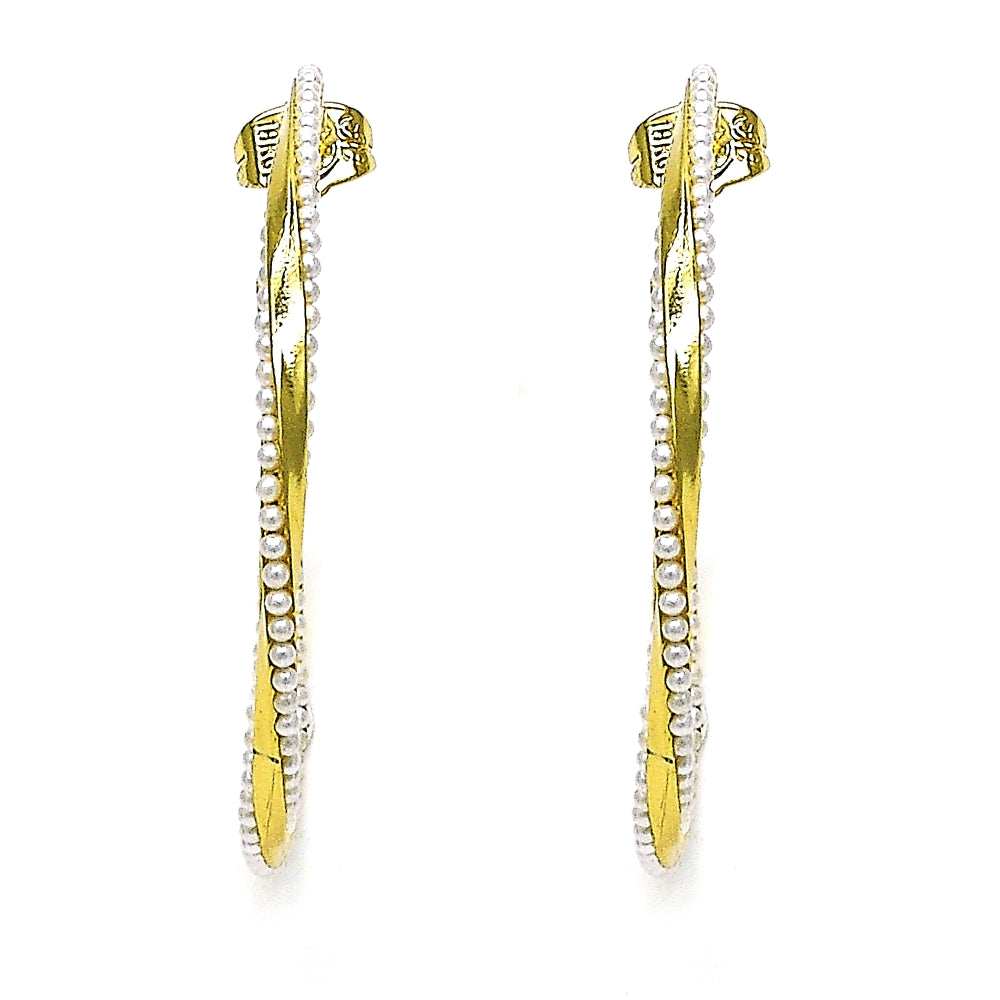 Oro Laminado Medium Hoop, Gold Filled Style Twist Design, with Ivory Pearl, Polished, Golden Finish