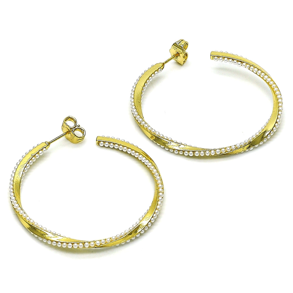 Oro Laminado Medium Hoop, Gold Filled Style Twist Design, with Ivory Pearl, Polished, Golden Finish