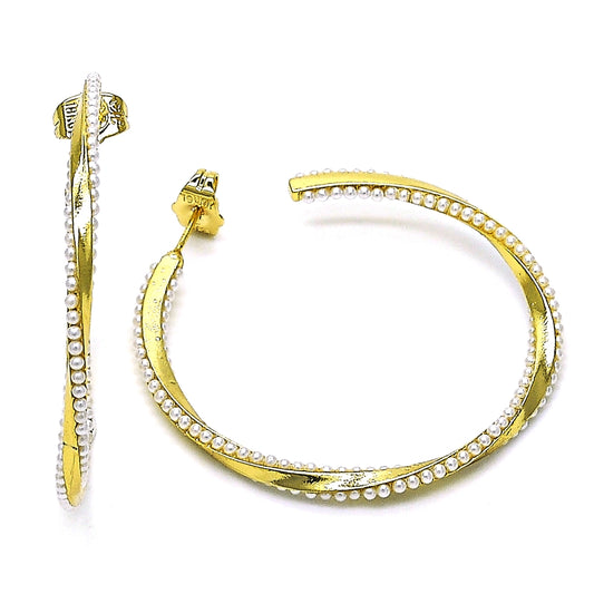Oro Laminado Medium Hoop, Gold Filled Style Twist Design, with Ivory Pearl, Polished, Golden Finish
