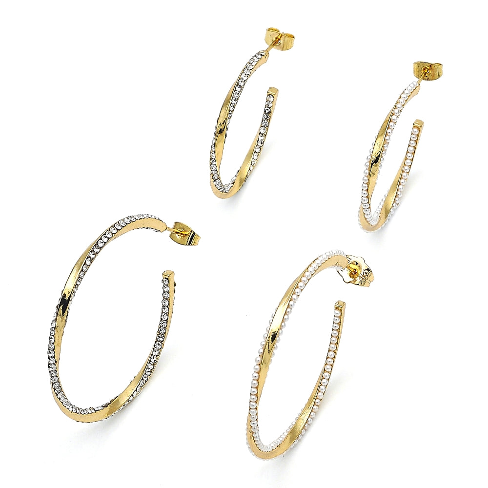 Oro Laminado Medium Hoop, Gold Filled Style Twist Design, with Ivory Pearl, Polished, Golden Finish