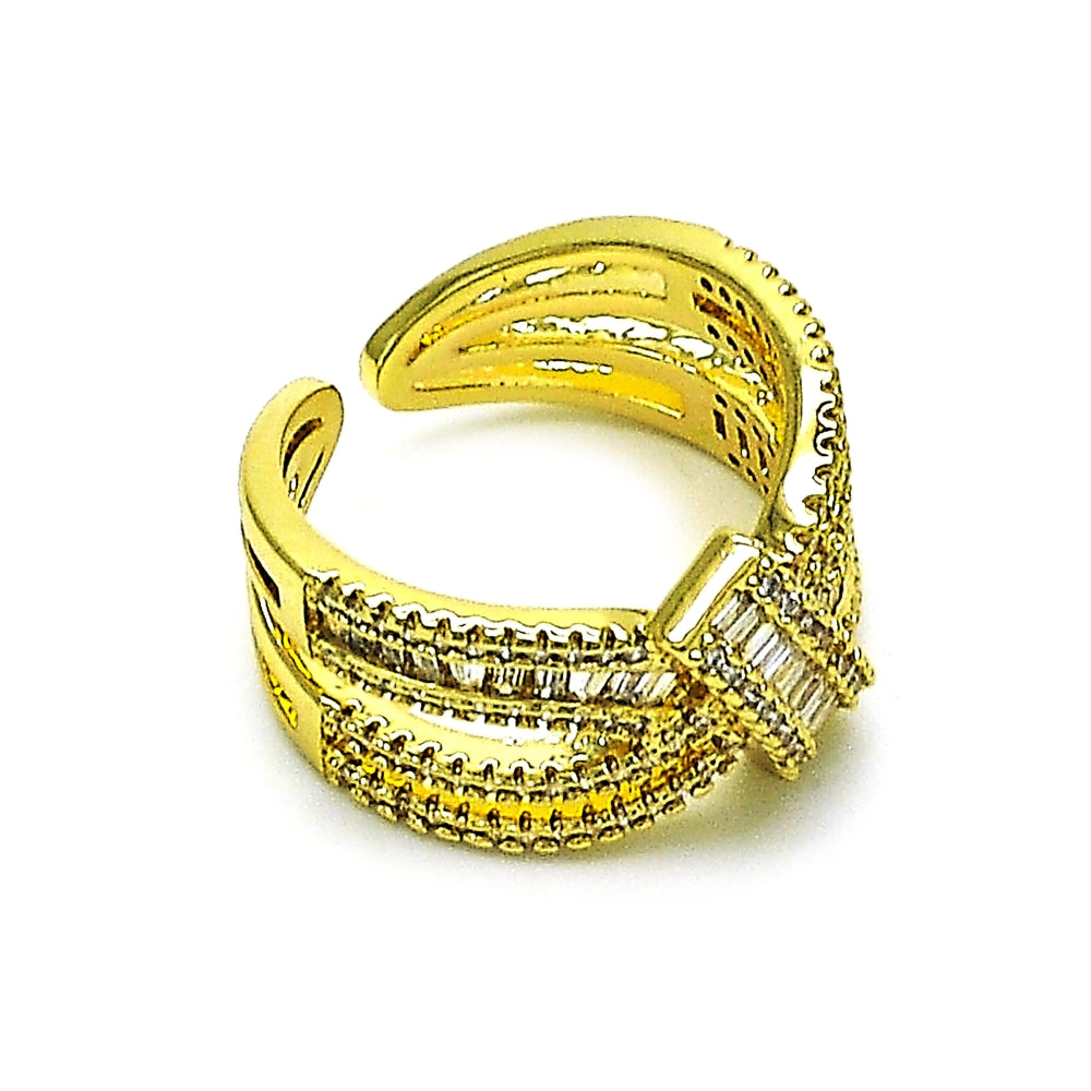 Oro Laminado Multi Stone Ring, Gold Filled Style Bow and Baguette Design, with White Cubic Zirconia and White Micro Pave, Polished, Golden Finish