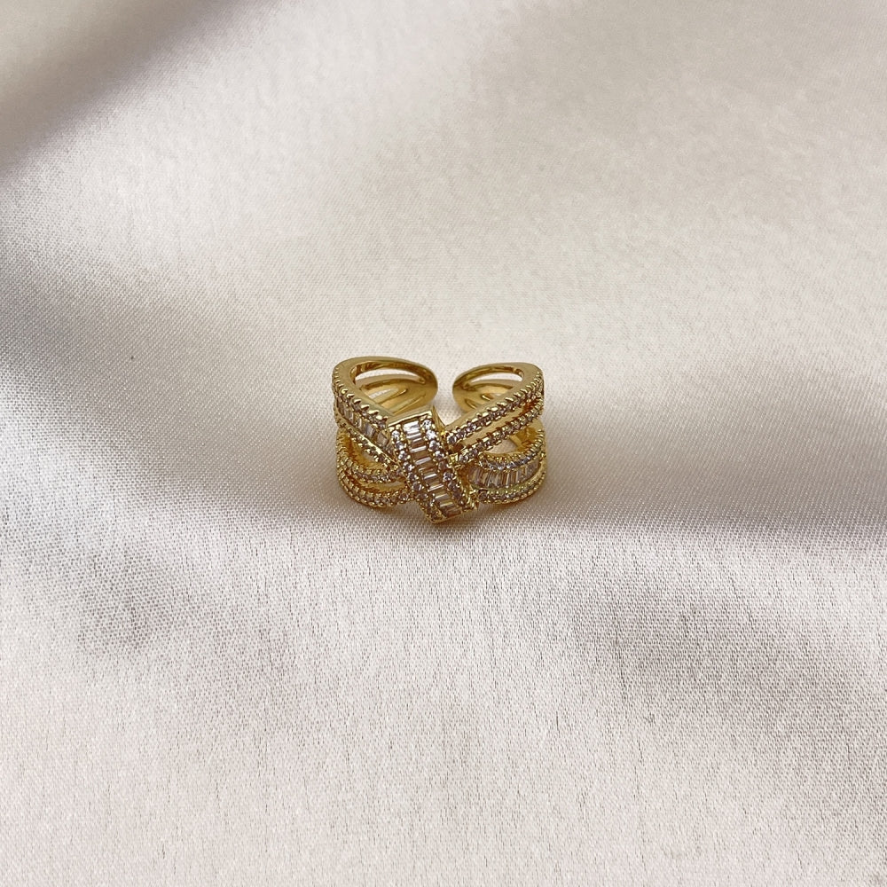 Oro Laminado Multi Stone Ring, Gold Filled Style Bow and Baguette Design, with White Cubic Zirconia and White Micro Pave, Polished, Golden Finish