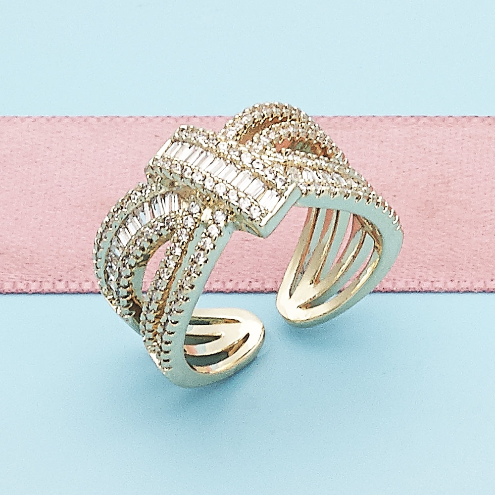 Oro Laminado Multi Stone Ring, Gold Filled Style Bow and Baguette Design, with White Cubic Zirconia and White Micro Pave, Polished, Golden Finish