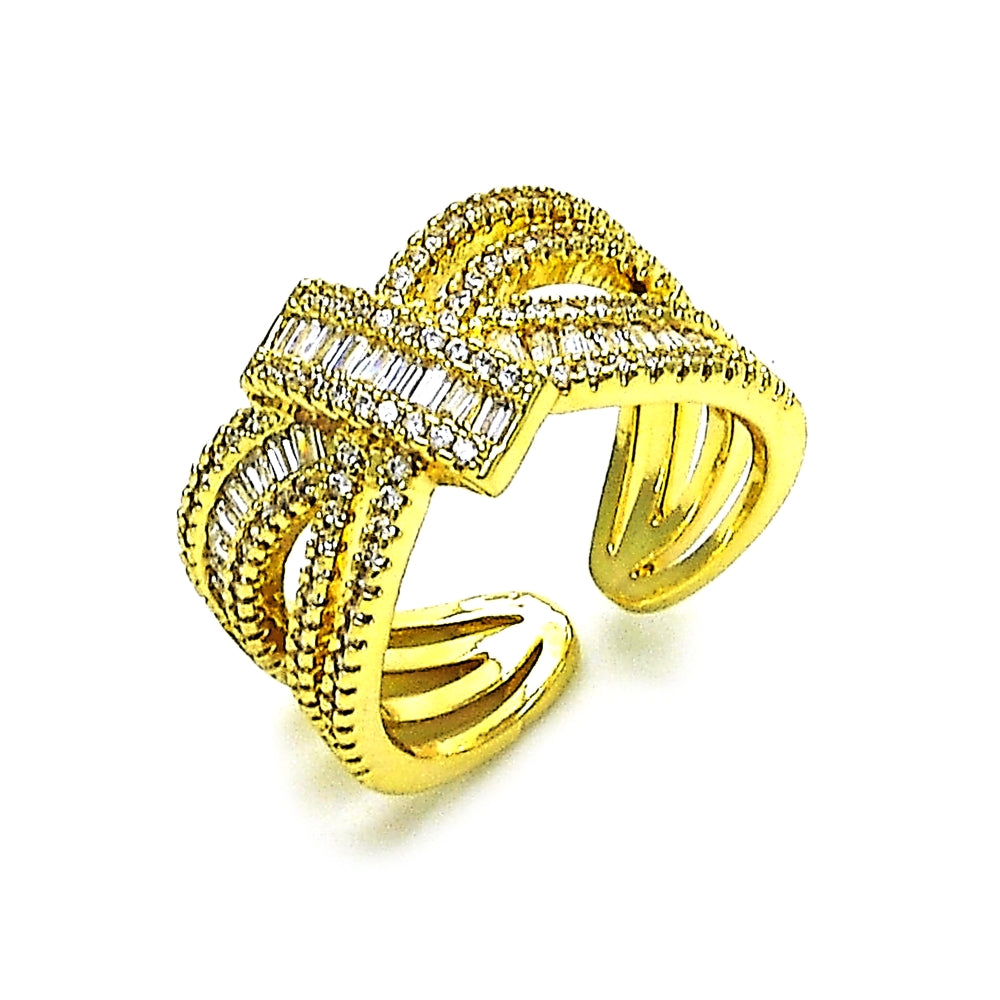 Oro Laminado Multi Stone Ring, Gold Filled Style Bow and Baguette Design, with White Cubic Zirconia and White Micro Pave, Polished, Golden Finish